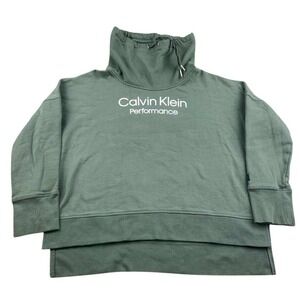 Calvin Klein Performance Sweatshirt Women XL Green Cowl Neck Logo Pullover Sport
